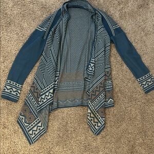 Geometric Open-Front Cardigan in Teal and Brown